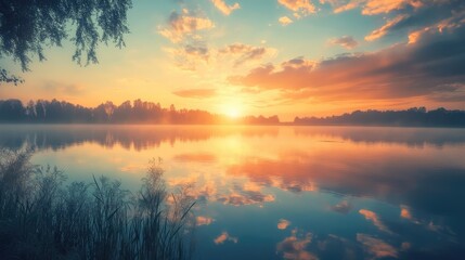 Naklejka premium Serene sunrise over tranquil lake with reflections and soft clouds illuminating the sky along horizon in peaceful nature setting
