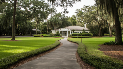Senior care facility exterior with well-maintained garden and welcoming entrance. Emphasizing comfort and dignity in elderly living environments.