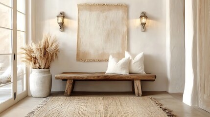 A serene rustic hallway showcasing a handcrafted barn door on sliding rails, lightly textured walls, vintage wall-mounted sconces, and a weathered wooden bench for storage,