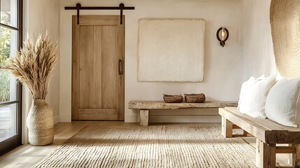 A serene rustic hallway showcasing a handcrafted barn door on sliding rails, lightly textured walls, vintage wall-mounted sconces, and a weathered wooden bench for storage,