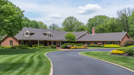 Senior care facility exterior with well-maintained garden and welcoming entrance. Emphasizing comfort and dignity in elderly living environments.