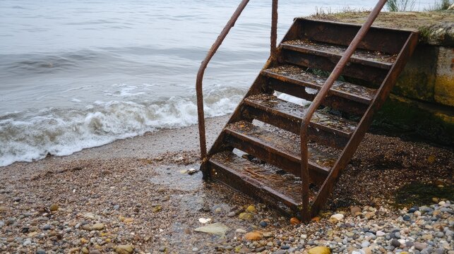 Rusty iron emergency staircase leading to a pebbled beach, partially submerged in water with gentle waves lapping against the shore, coastal access, seaside, weathered metal. - Powered by Adobe