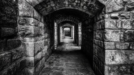 Fototapeta premium Dark underground passage in ancient stone catacombs with rectangular arches, showcasing textured walls and a mysterious atmosphere, historical site, architectural details, eerie ambiance.