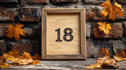 October calendar date 18 framed on wooden background with autumn leaves and brown brick wall cozy seasonal decoration image