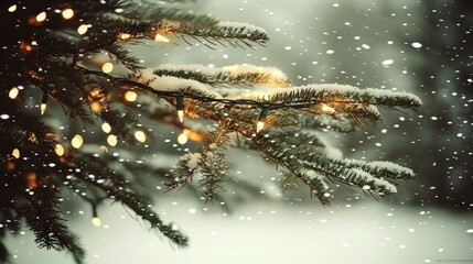 Enchanting Snowfall on Christmas Tree Branch with Warm Lights
