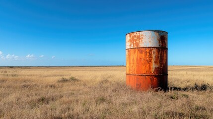 Obraz premium Rusty industrial tank tower in a vast dry grassland under a clear blue sky showcasing decay and abandonment in an open landscape.