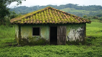 Moss covered dirty tile roof on an abandoned hut surrounded by lush greenery in a rural landscape