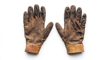 Worn and soiled protective gloves displayed on a white background for industrial or cleaning concepts with clipping path included