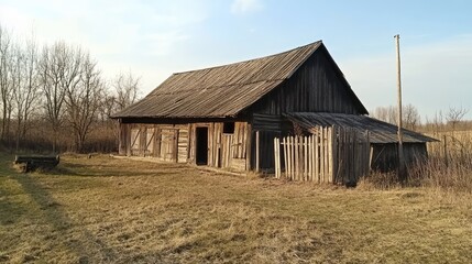 Weathered wooden barn in a rural courtyard, surrounded by fields and trees, showcasing traditional Ukrainian folk architecture, heritage, countryside, rustic charm, pastoral scene.