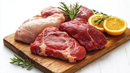 Assorted raw chicken and beef steaks with fresh herbs and citrus on a wooden cutting board ready for cooking or meal preparation