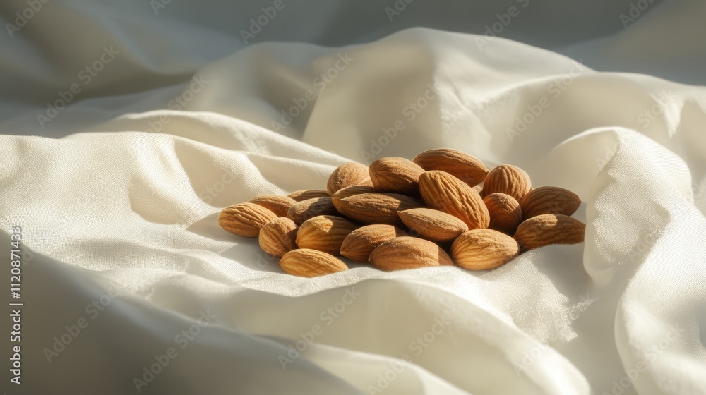 Poster almonds arranged on a soft white cloth illuminated by natural light in a serene setting