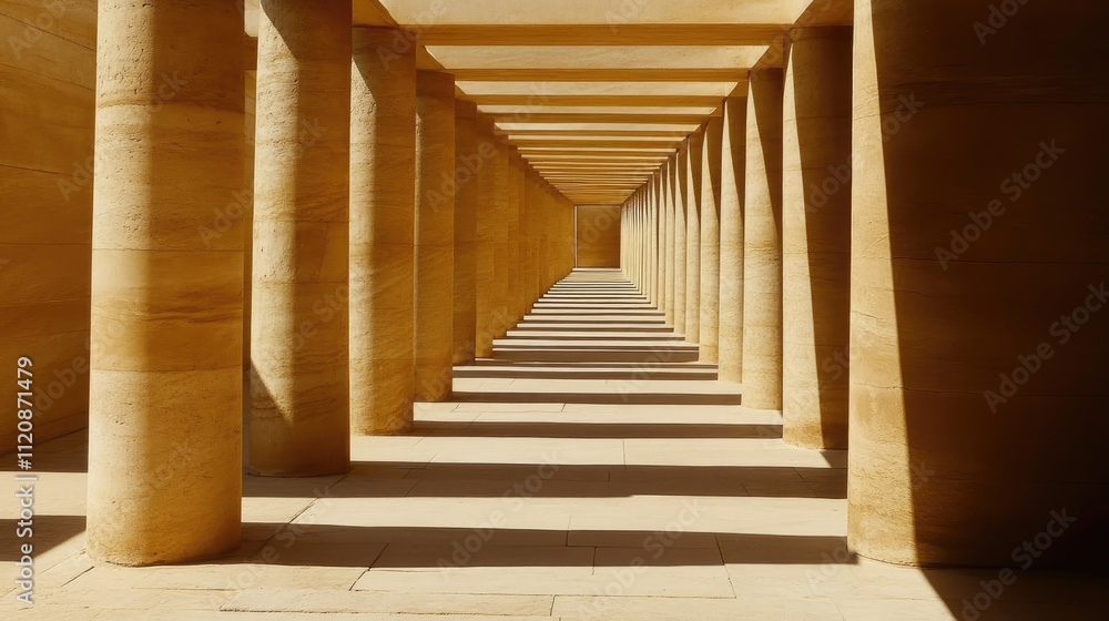 Poster architectural pillars creating a symmetrical corridor with dramatic shadows and warm lighting in a s
