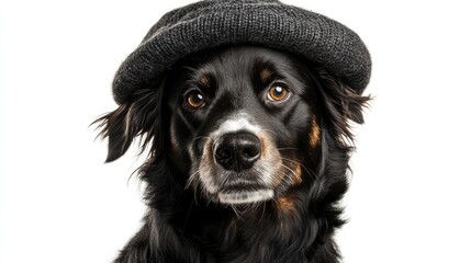 Mongrel dog wearing a quirky bah humbug hat on a white background promoting festive humor and holiday spirit in pet photography