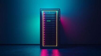 Dedicated Server Rack Standing Alone in a Dark Room for Tech Concept