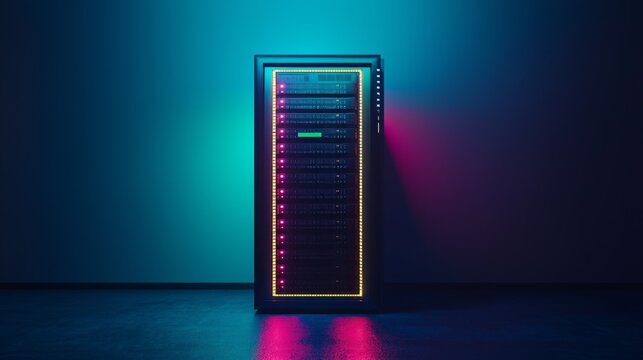 Dedicated Server Rack Standing Alone in a Dark Room for Tech Concept