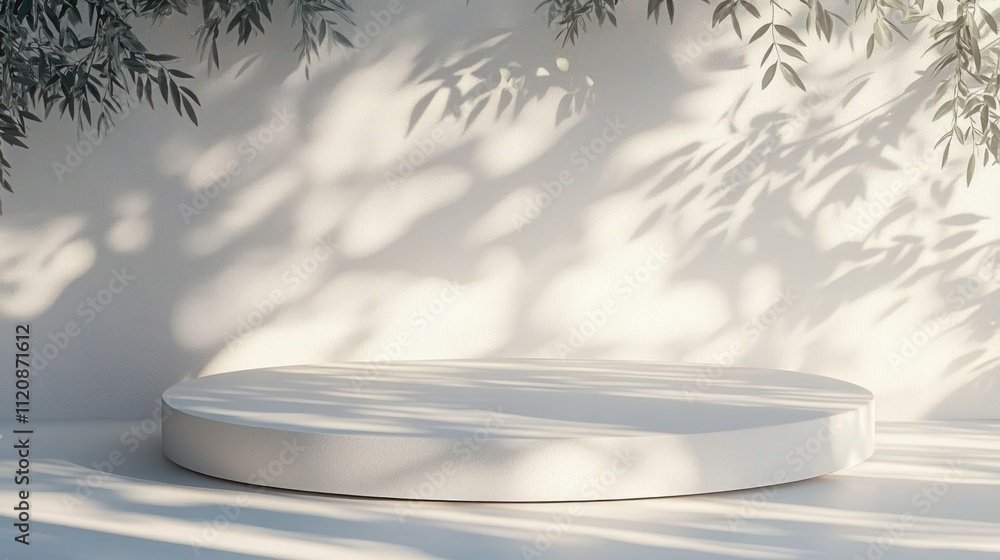 Poster circular platform white concrete dappled sunlight leaf shadows minimalistic scandinavian design