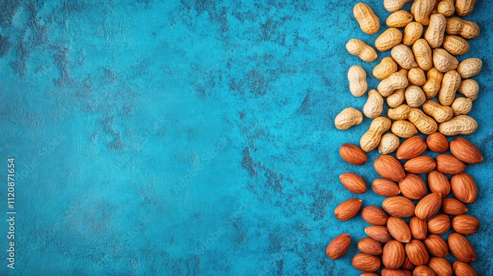 Aufkleber flat lay of various peanuts and almonds arranged on a textured blue background, emphasizing nut text