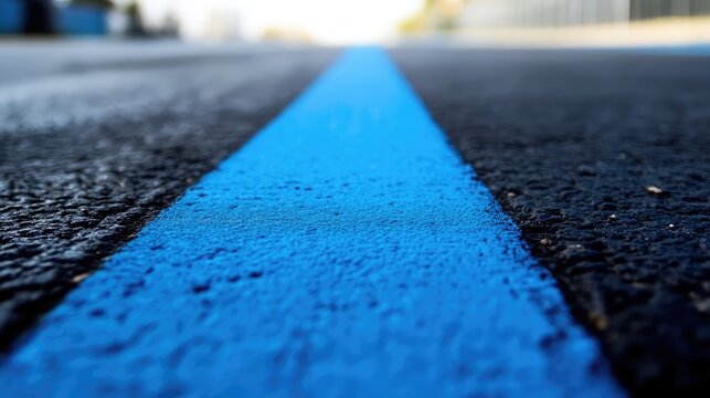 Blue marking line on a race course asphalt surface highlighting the track for competitive racing events and activities.