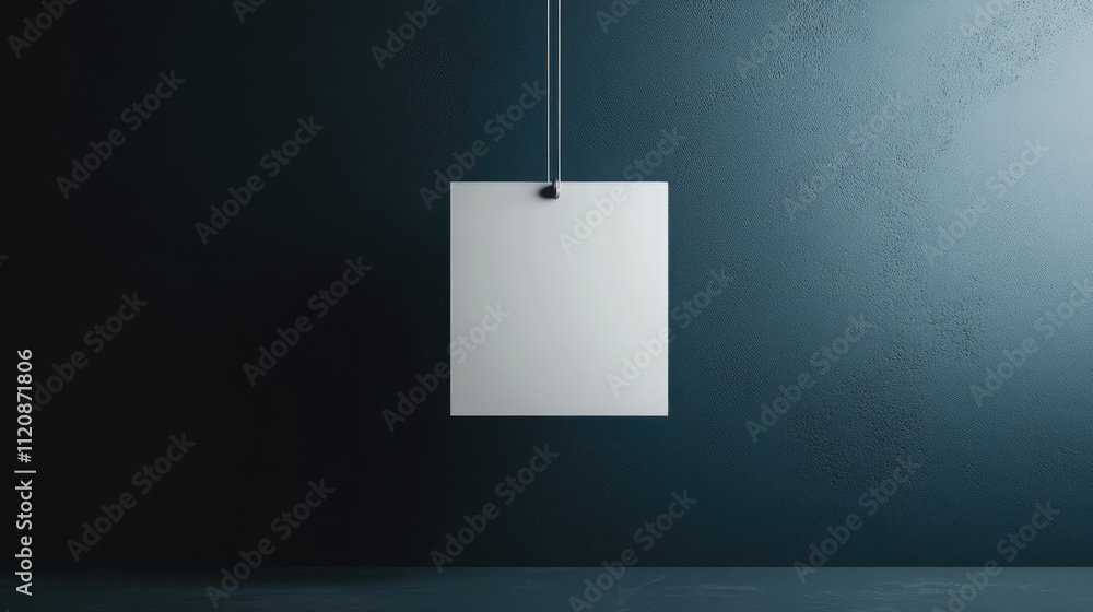 Poster blank vertical card mockup suspended on a string against a dark textured wall in a minimalist studio