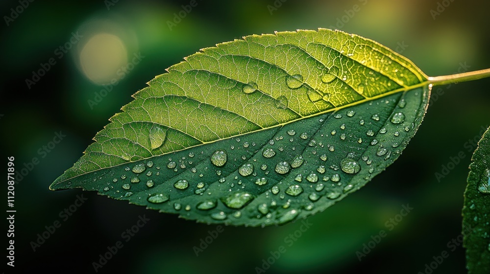 Poster close-up of a green leaf with water droplets illuminated by sunlight and intricate textures in macro
