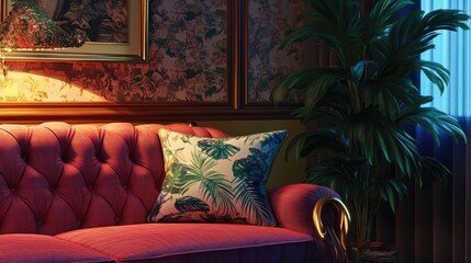 Elegant living room with decorative sofa pillow and lush plant enhancing cozy interior ambiance