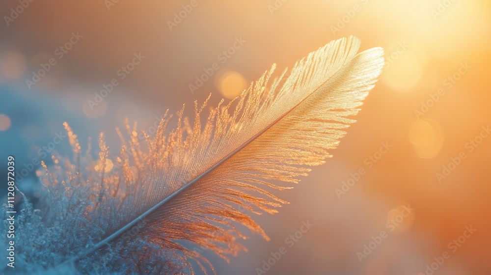 Poster feather close-up against a serene sunset with a soft lake backdrop highlighting delicate macro detai