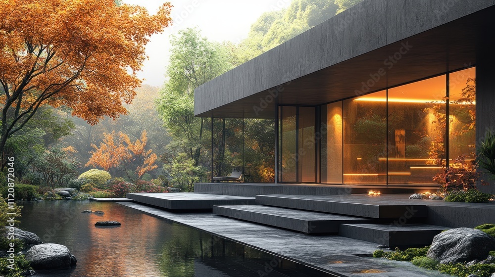 Poster minimalist architectural scene with dark concrete walls and smooth stone steps illuminated by soft l