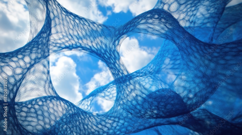 Poster abstract blue net structure against a bright sky with clouds creating a dreamy, surreal atmosphere i