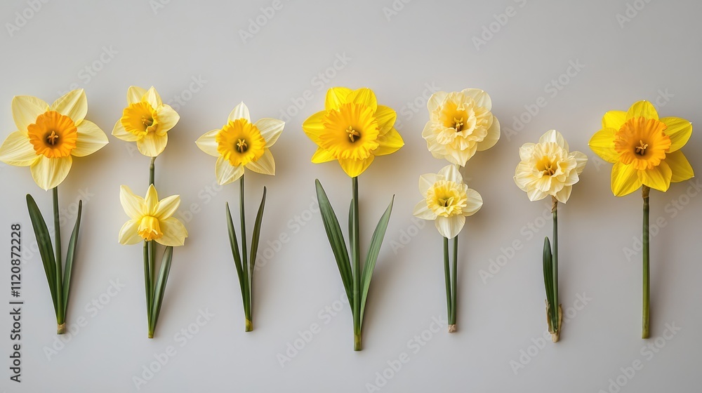Poster neatly arranged yellow and white daffodils on a neutral background showcasing varieties in color and
