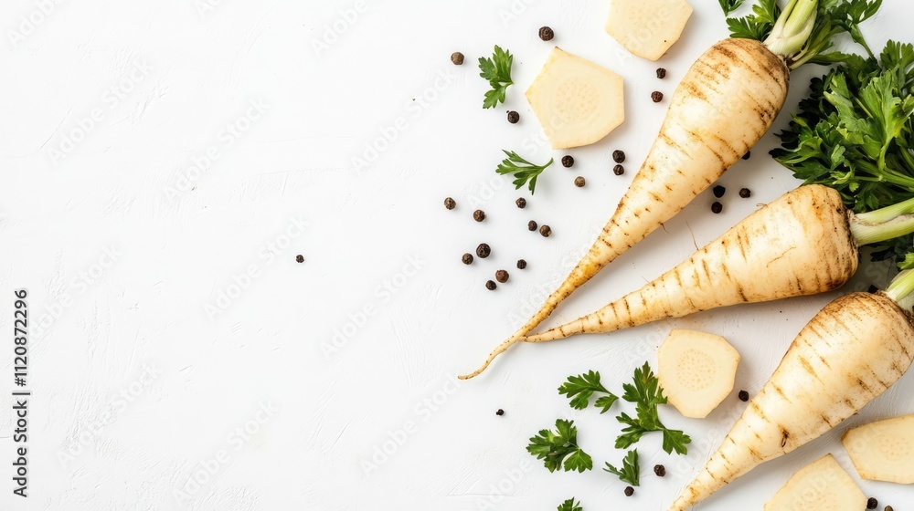 Aufkleber parsnip roots and slices arranged with fresh parsley and black peppercorns on a white backdrop, prov