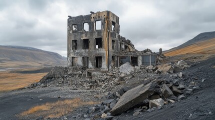 Abandoned coal mine building in ruins showcasing erosion and decay in a desolate landscape under overcast skies