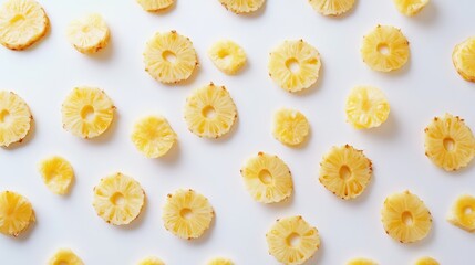 Brightly colored pineapple slices arranged in a uniform pattern on a clean white background, showcasing vibrant yellow tones and circular shapes, food photography, healthy eating, tropical fruit.