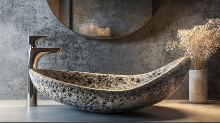 Fototapeta premium Contemporary bathroom featuring a stylish stone basin and modern stainless steel faucet against textured concrete walls and elegant decor elements