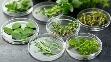 Petri dishes containing diverse herbs for phytotherapy and herbal medicine research in a laboratory setting