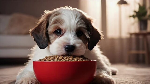 cute havanese puppy video dog lying red bowl food pet olated biscuit full fed eat feeding spotted adorable animal attractive beautiful bichon brown charming doggy domestic female friends hair