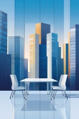 A corporate meeting room visible above a crowded urban street.