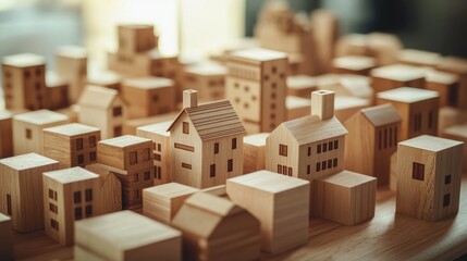 Model of a wooden block town representing urban planning and housing development concepts in a creative and engaging manner.