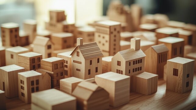 Model of a wooden block town representing urban planning and housing development concepts in a creative and engaging manner.