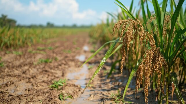 Damaged paddy fields affected by brown plant hoppers with close-up view of rice stalks in a rural agricultural landscape