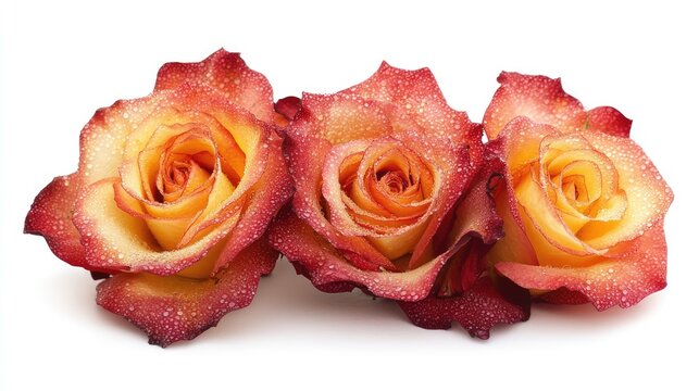 Close-up macro photograph of a bouquet featuring three dew-covered red and yellow peach roses on a white isolated background, floral details, nature, botanical beauty.