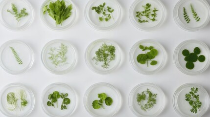 Diverse Greenery in Petri Dishes with Cosmetic Product Mockup on White Background Top View for Natural Beauty Concepts