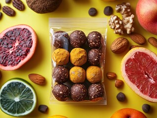 A colorful assortment of healthy snacks including energy balls, nuts, and fresh fruits arranged on a vibrant yellow background.