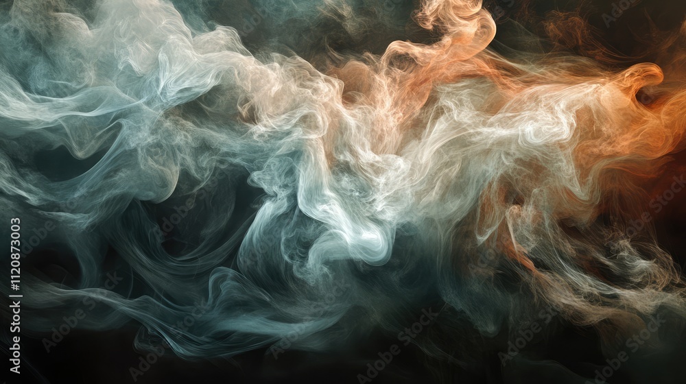 Poster abstract swirling smoke in vibrant colors creating a mystical atmosphere with a blend of darkness an
