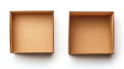 Fototapeta premium Open empty brown cardboard boxes isolated on a clean white background, highlighting their square shape and textured interior, packaging, shipping supplies, minimalistic design.