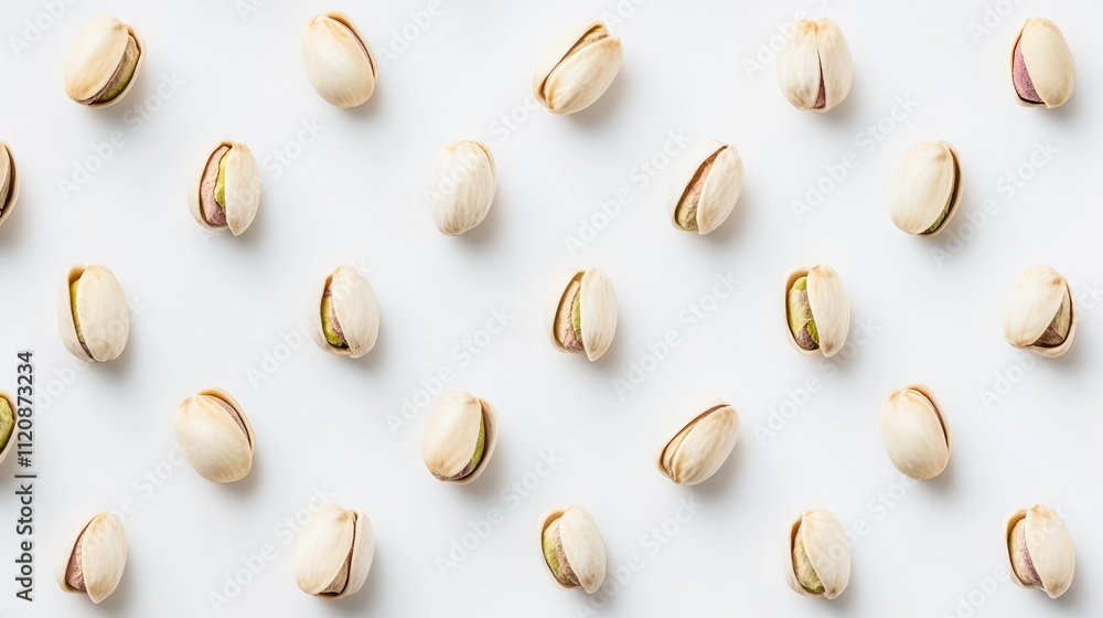 Poster pistachio nuts arranged in a scattered pattern on a clean white background, emphasizing their unique