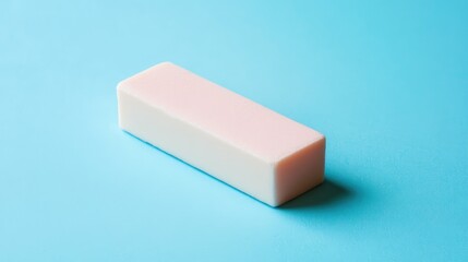Rubber eraser on a light blue background, featuring a rectangular shape and smooth texture, ideal for stationery, school supplies, and office accessories.