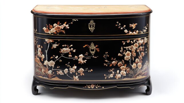 Chinoiserie Style Nightstand with Floral Decor and Black Finish Isolated on White Background