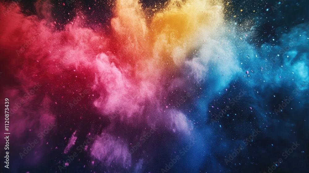 Poster vibrant multicolor powder explosion creating a stunning abstract cloud against a dark background sho
