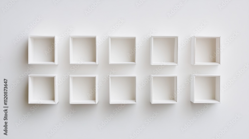 Aufkleber empty white boxes arranged in a grid against a minimalist white background, emphasizing simplicity a