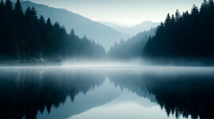 Fototapeta premium Serene misty lake reflecting mountains and forest at dawn.